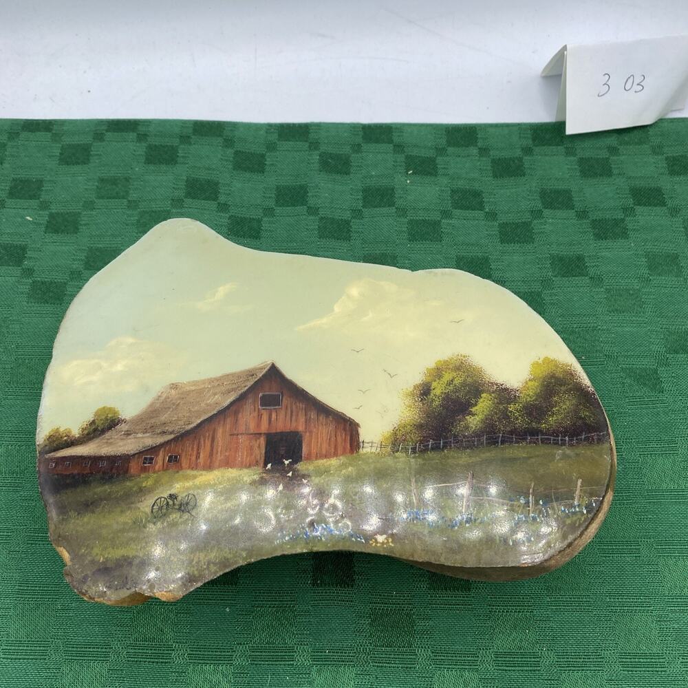 Hand Painted Farm Scene On Rock W/Red Barn, Fence,Birds And More 7.5”